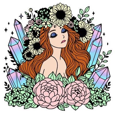 complex woman with flowers, crystals