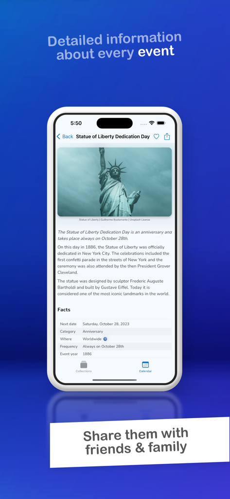 And Today Is - A mobile screen showing detailed historical facts and information about the Statue of Liberty Dedication Day in the And Today Is app
