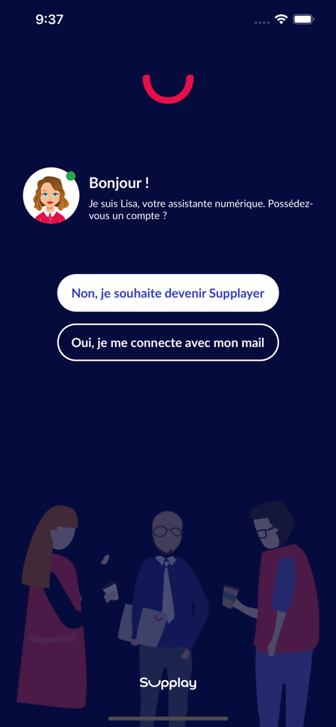 Supplayer - Supplayer app welcome screen with login and registration options and a digital assistant avatar