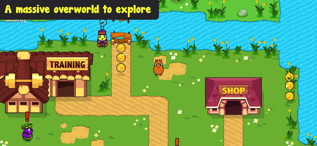 Duck Life 7: Battle - A colorful overworld map in Duck Life 7 Battle showing a training dojo shop and duck characters
