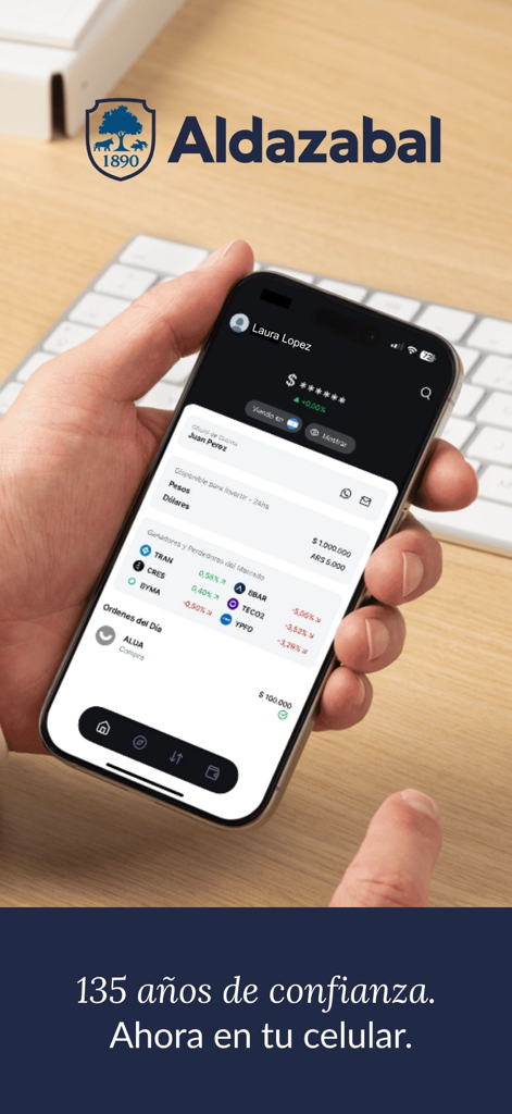 Aldazabal y Cía. - A hand holding an iPhone displaying the Aldazabal financial app dashboard with currency holdings and stock quotes