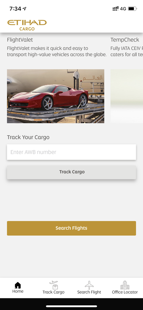 Etihad Cargo - The home screen of the Etihad Cargo mobile app showing options to track cargo and search for flights