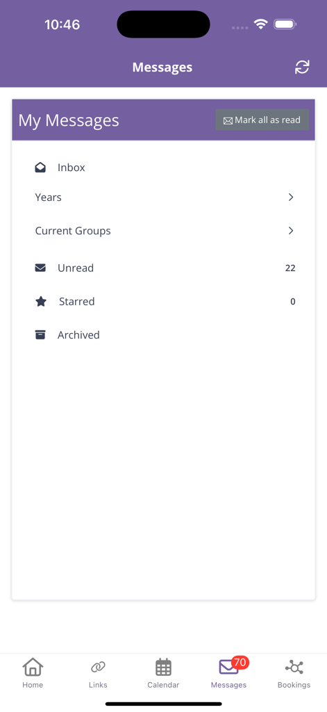 SchoolsBuddy 2.0 - La pantalla de bandeja de entrada de mensajes de la aplicación SchoolsBuddy 2.0 que muestra notificaciones no leídas y categorías de grupo