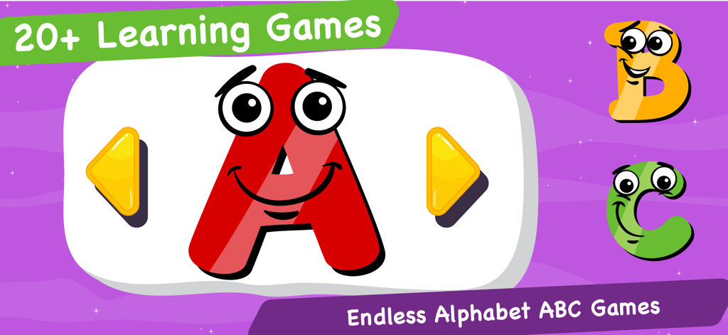 Animated smiling letters A B and C in the Endless Alphabet ABC educational game