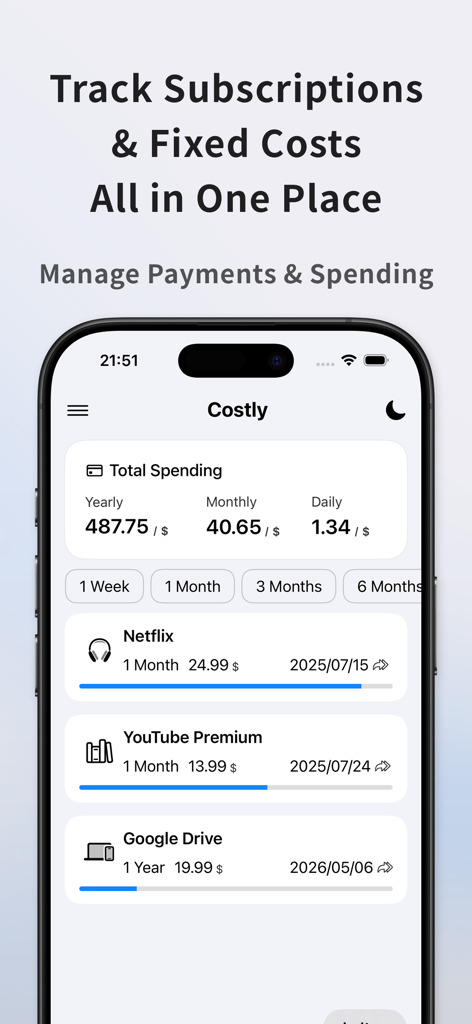 Costly : Subscription Tracker - Costly app interface showing a summary of total spending and a list of active subscriptions like Netflix and YouTube Premium with progress bars.