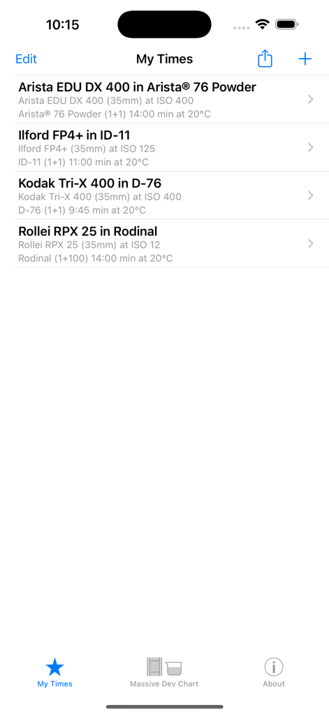 Massive Dev Chart Timer - A list of saved film development recipes and timers for various film stocks and developers within the app.