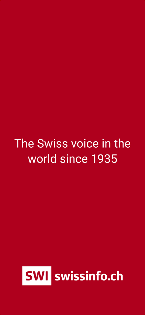 SWIplus app screen with the slogan The Swiss voice in the world since 1935 on a red background