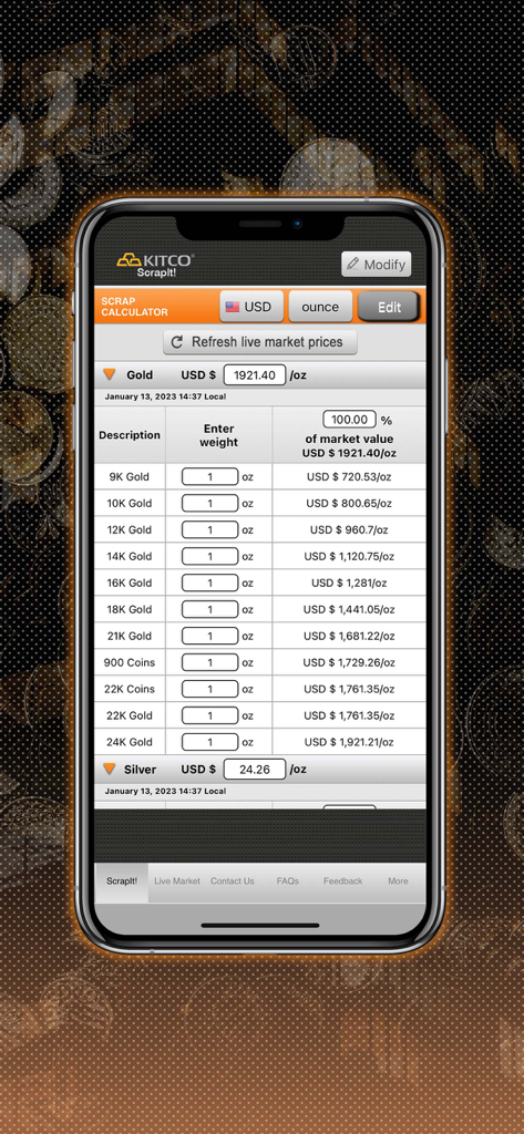 ScrapIt app interface showing a gold and silver scrap value calculator with real-time market prices