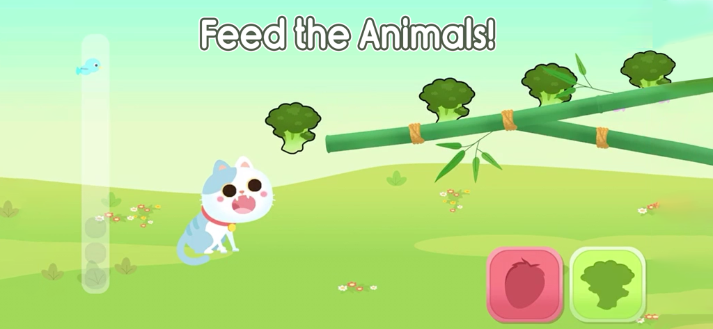ABC Tracing Game - Feed the animals mini game screen with a cartoon cat and broccoli
