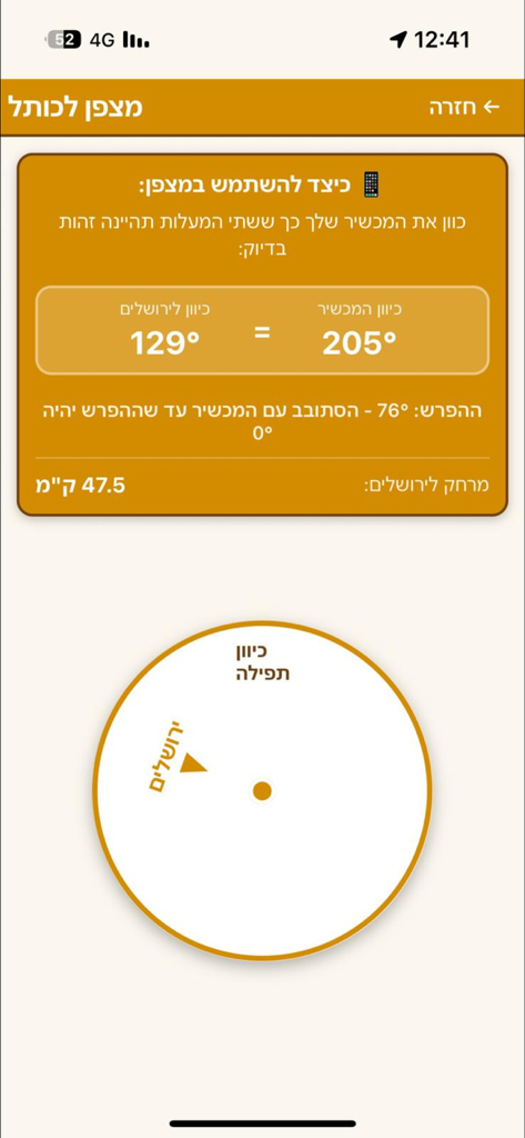 תהילים - Boussole numérique dans l'application Tehillim montrant la direction de la prière vers le Mur Occidental à Jérusalem