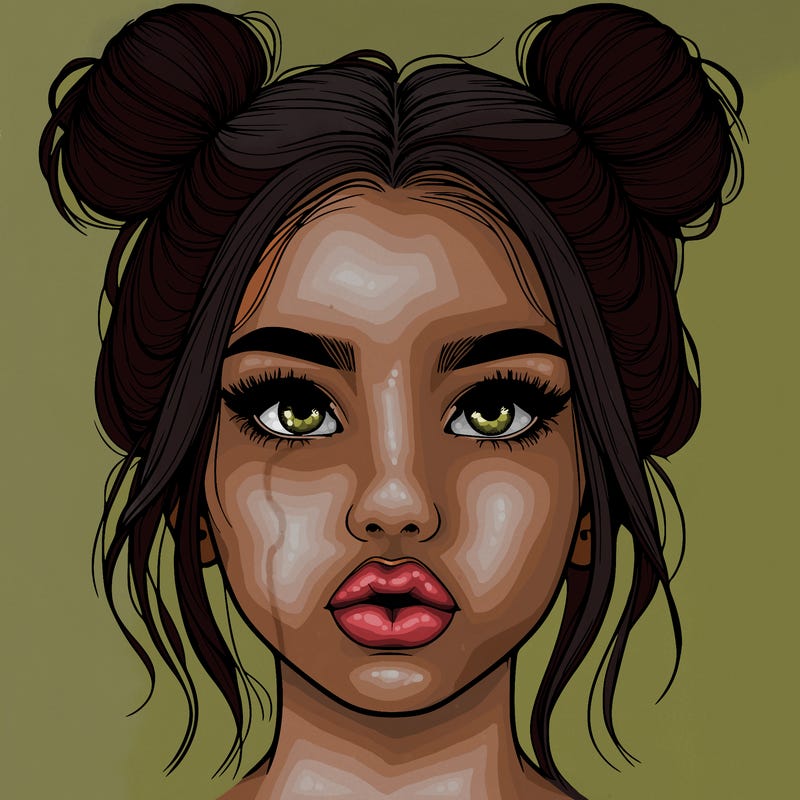 realistic girl with two buns on her hair and lips