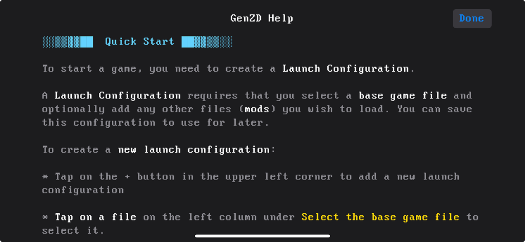 GenZD - The quick start help screen for GenZD providing instructions on how to create a launch configuration with game and mod files.