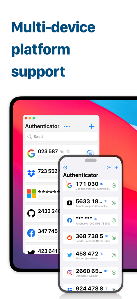 Interfaz de Authenticator App mostrada en una Mac y un iPhone, mostrando códigos de seguridad 2FA sincronizados.