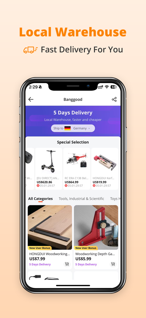 Banggood Global Online Shop - Banggood app interface featuring local warehouse delivery for tools and electronics