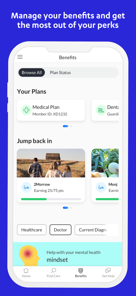 Castlight Mobile - A smartphone interface of the Castlight Mobile app showing health benefits plans and wellness program progress
