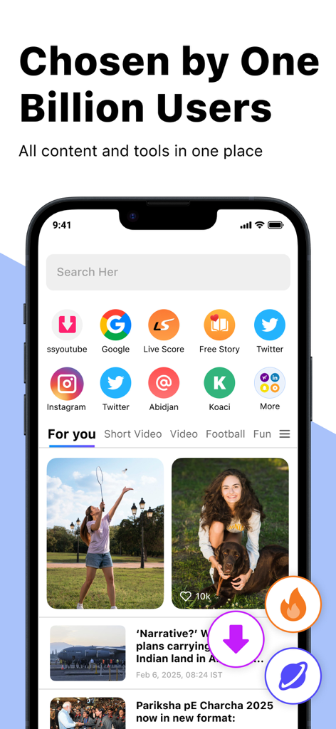 Phoenix - Fast & Safe Browser - Phoenixブラウザのホーム画面。ブックマークとニュースフィードが表示されています。