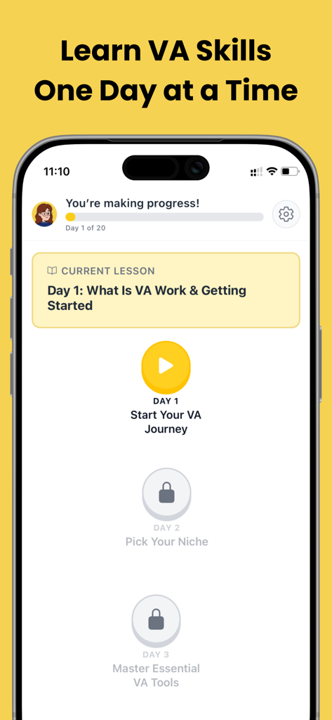 Interfaz de la aplicación Josie AI mostrando el currículo de entrenamiento de asistente virtual de 20 días con seguimiento del progreso diario.