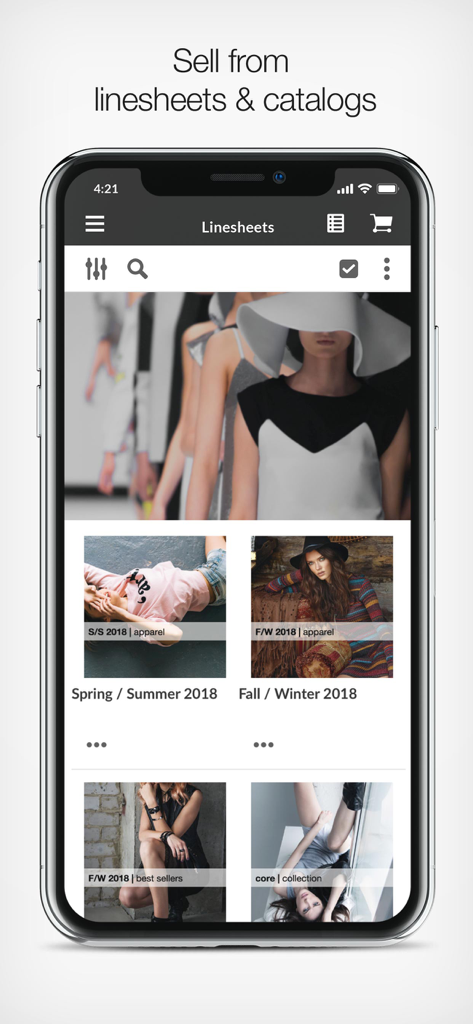 NuORDER 4.0 - NuORDER 4.0 mobile app interface displaying digital linesheets and wholesale product catalogs for the fashion industry