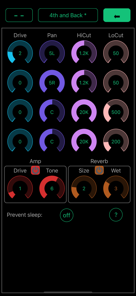 Interface of the Echo Pitch app displaying multiple dials for adjusting drive, pan, and filter settings alongside amp and reverb controls.