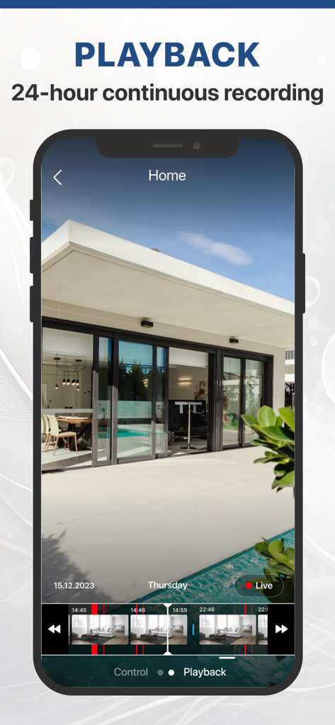 ZoomOn Home Security Camera - ZoomOn app interface for 24-hour continuous recording playback with a video timeline