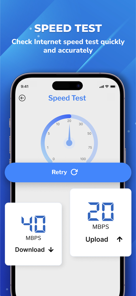 WiFi Password - WiFi Scan - Interface de l'application Scan WiFi montrant un test de vitesse Internet en temps réel avec les vitesses de téléchargement et d'envoi.