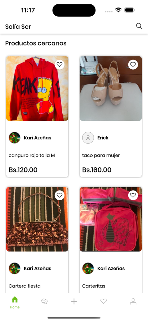 Solia Ser - Interfaz de la app Solia Ser mostrando listados locales de ropa y accesorios de segunda mano