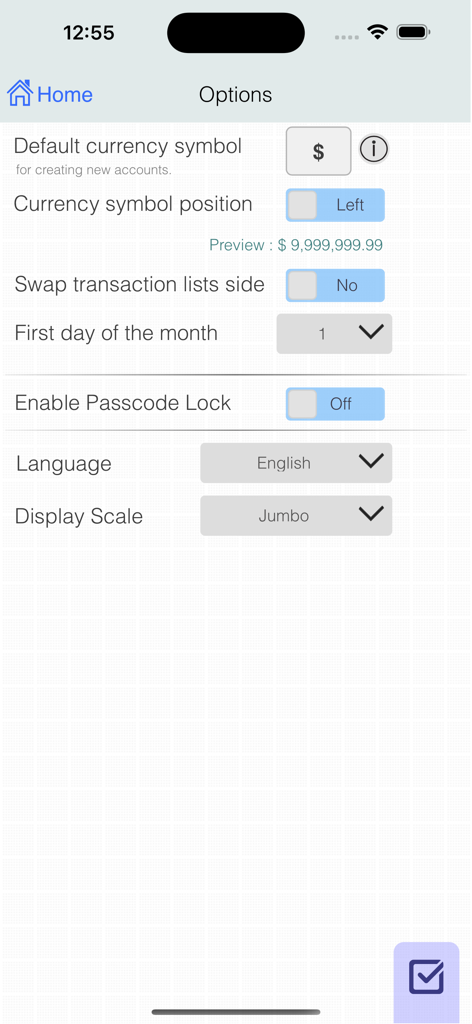 Pantalla de configuración de la aplicación Evo Wallet para opciones de moneda, seguridad y visualización