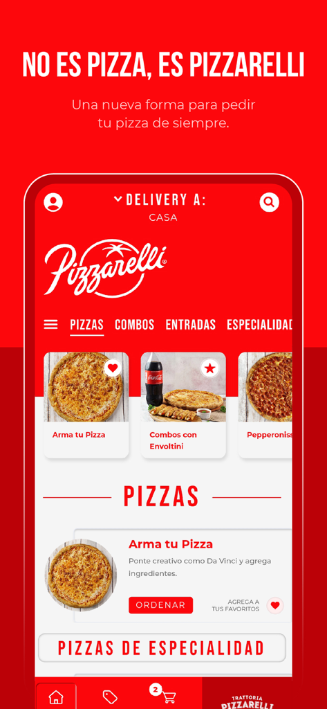 Pantalla de inicio de la app Pizzarelli que muestra varias opciones de menú de pizza y combos en español
