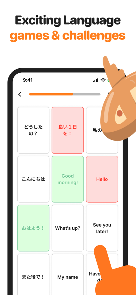 Sensei: Learn Japanese JLPT - Eine gamifizierte japanische Vokabel-Zuordnungsherausforderung in der Sensei-App-Oberfläche mit bunten Phrasenkarten und einer Fortschrittsleiste
