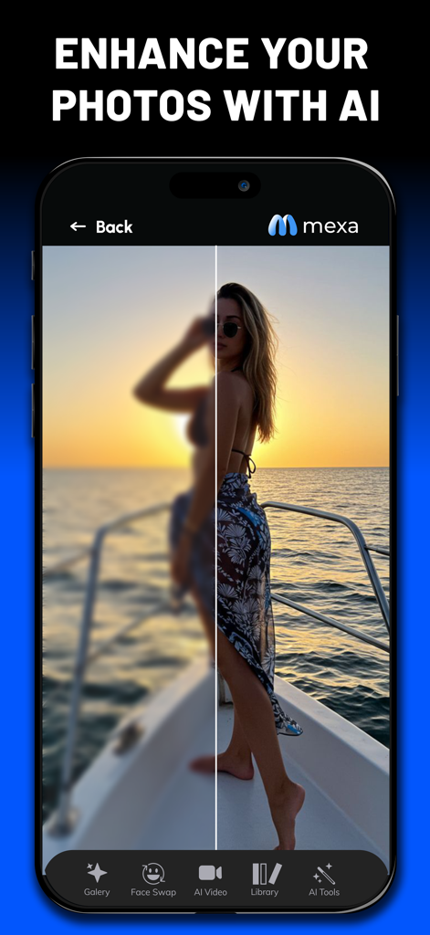 Mexa - Photo & Video with AI - Split screen demonstration of Mexa app AI photo enhancement showing a blurry sunset photo transformed into a sharp high quality image