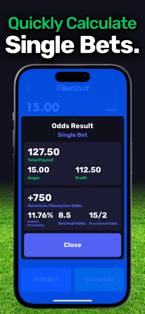 Bet Stuff ▶▶ Odds Calculator - Bet Stuff mobile app interface showing a single bet odds calculation result with payout and profit details
