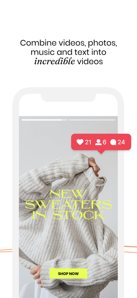 Ein mobiler Bildschirm, der eine Social-Media-Video-Vorlage für eine Bekleidungsmarke mit einem Jetzt kaufen-Button und Engagement-Icons zeigt.