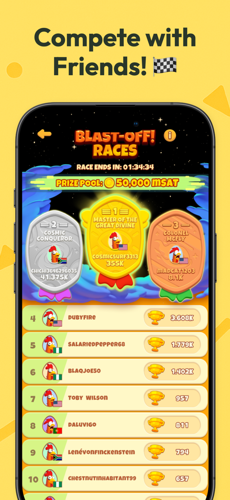 경주를 위한 상위 플레이어 순위와 비트코인 보상 풀을 보여주는 치킨 또는 추락 앱의 리더보드 화면.