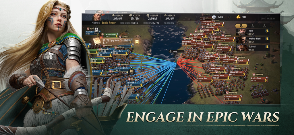 Epic Age mobile game screenshot showing a warrior hero and a large scale tactical battle map with troop movements