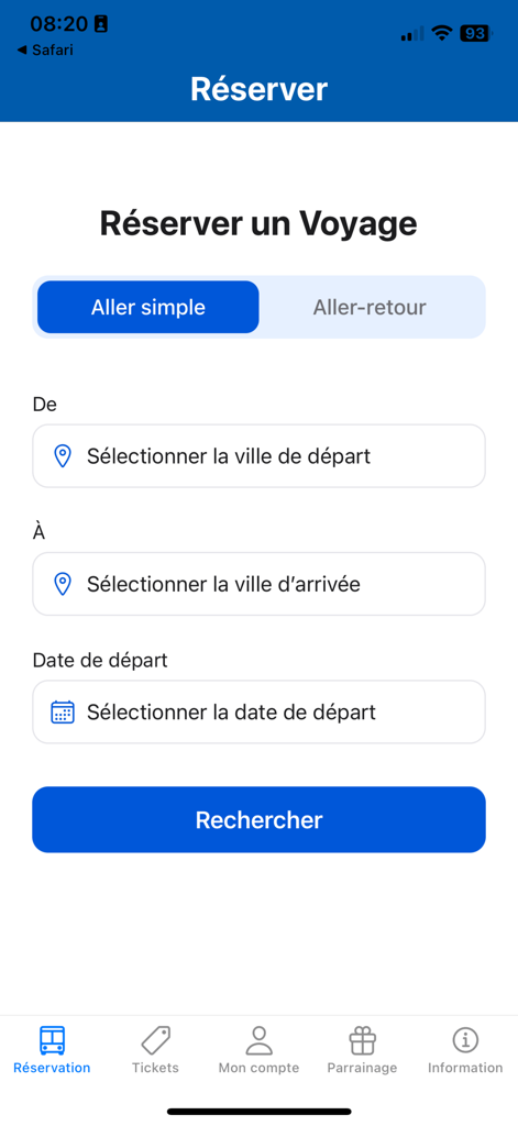 Transap - Interface de reserva do aplicativo Transap para viagens de ônibus na Costa do Marfim mostrando opções de busca de viagem
