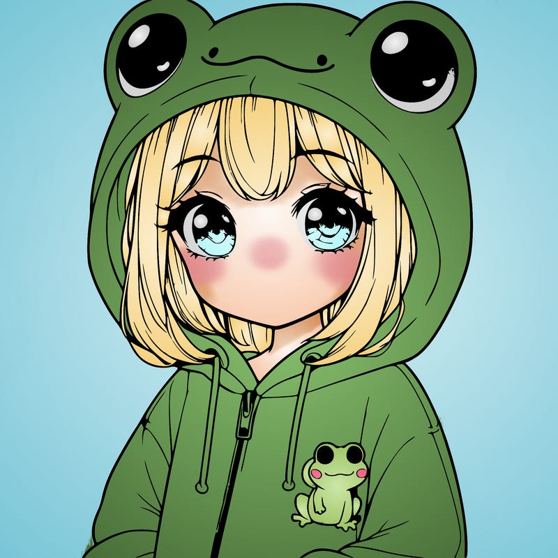 cute realistic girl in a froggy hoodie
