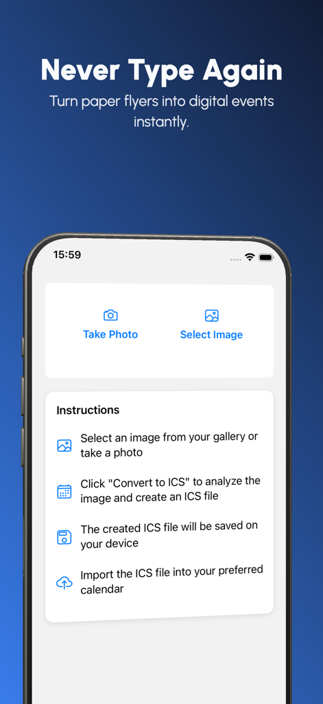 Photo2Calendar Scanner Planner - Interfaz de la aplicación Photo2Calendar que muestra opciones de escaneo de fotos e instrucciones para convertir folletos de papel en eventos digitales del calendario.
