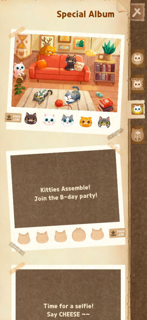 Secret Cat Forest - Pantalla del Álbum Especial del juego Secret Cat Forest, mostrando una colección de fotos de gatos en una habitación acogedora.