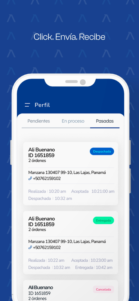 ASAP Merchant - ASAP Merchantアプリのモバイルインターフェース。完了および配達されたビジネス注文の履歴が表示されています。