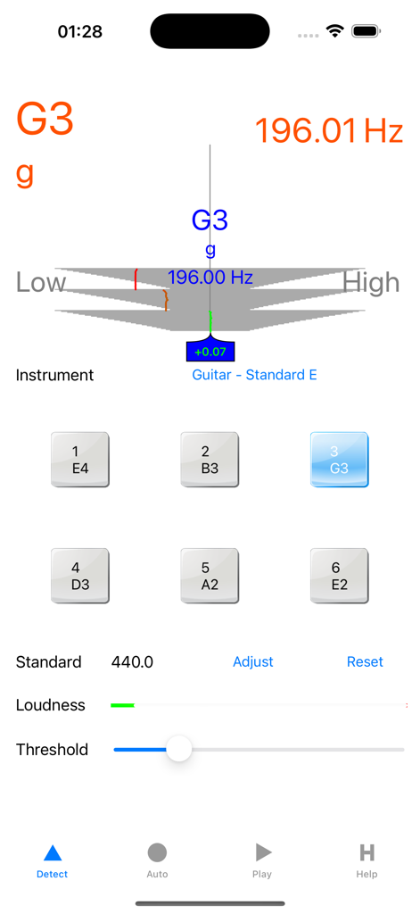 Interface of the Precise Guitar Tuner app showing pitch detection and frequency calibration for a guitar