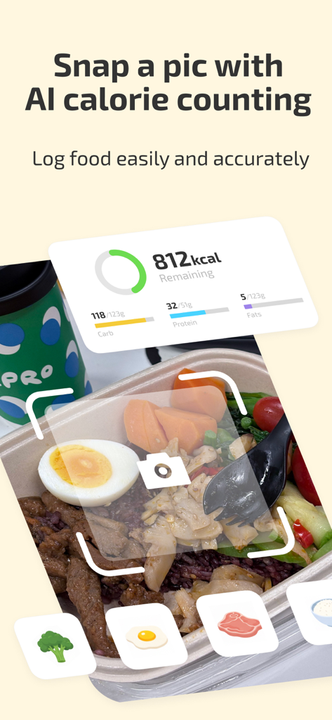 Fito: Fitness Streak, Calorie - Función de conteo de calorías por IA de la aplicación Fito utilizando la cámara de un smartphone para registrar alimentos y rastrear macros