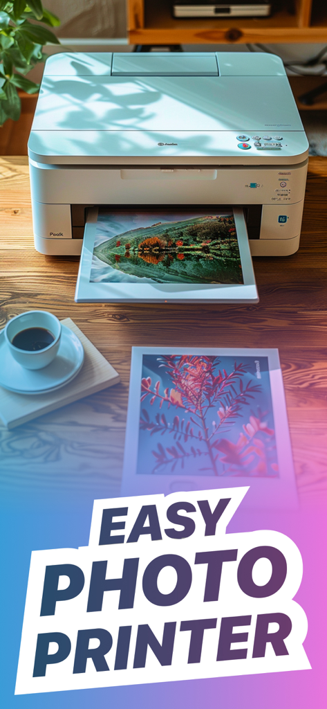 Photo Printer - Print to Size - Una impresora doméstica blanca produciendo una foto en paisaje sobre una mesa de madera junto a una taza de café.
