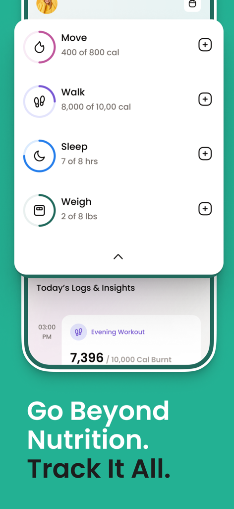 Healthify mobile app interface showing tracking progress for movement walking sleep and weight
