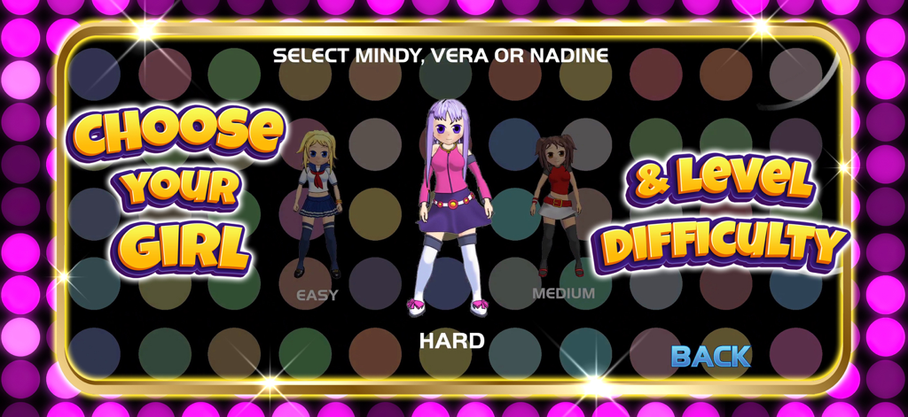 Character selection screen for Mindy, Vera, and Nadine with difficulty levels in Caramella Girls Game