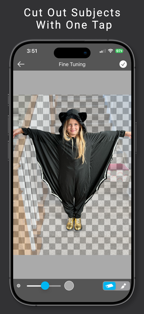 Facecopy: Face Swap Pic Editor - Interface of Facecopy app showing the one tap subject cutout feature being used on a girl in a bat costume