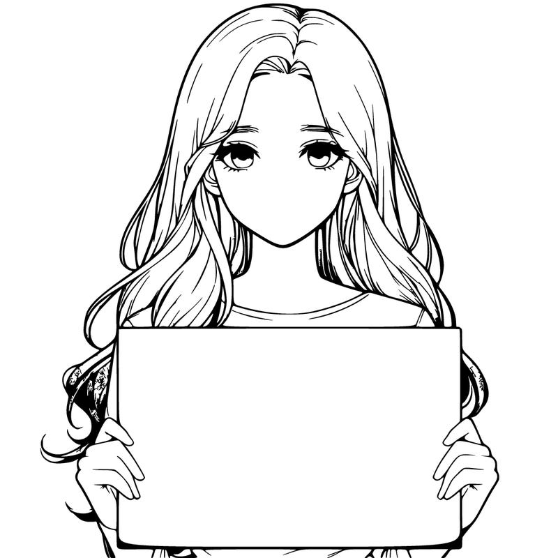 realistic girl with long hair holding a blank sign