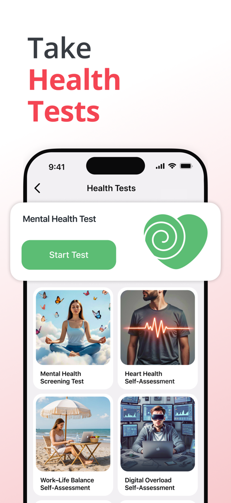 PulseNow: Heart Rate Monitor - The PulseNow app screen showing various wellness assessments including mental health heart health and work life balance tests