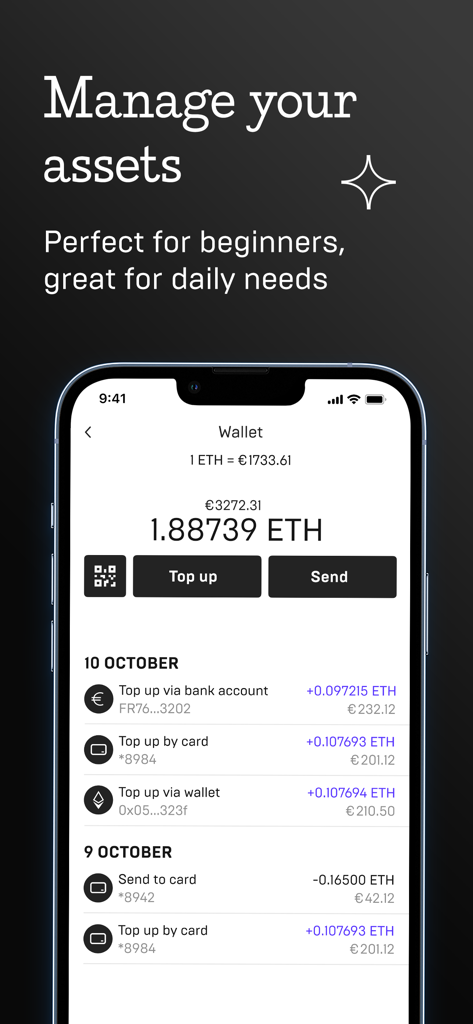 Mercuryo crypto wallet app interface showing Ethereum balance and recent transaction history