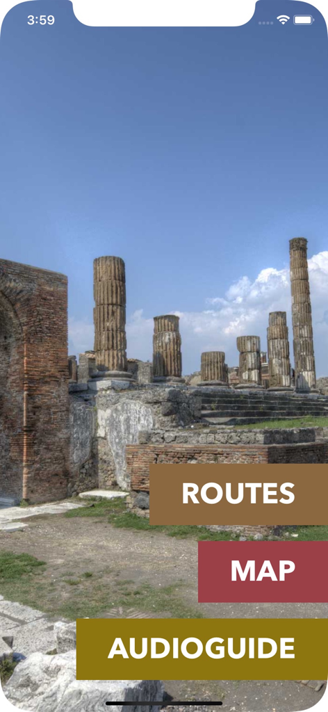 Pantalla de inicio de la aplicación de guía de viajes de Pompeya con opciones de mapa de rutas y audioguía