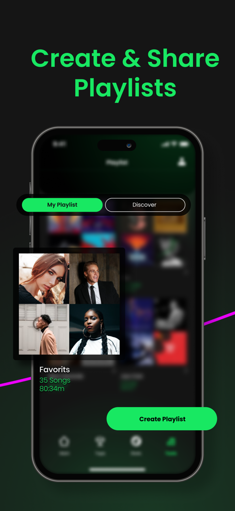 Analyzer for Spotify Stats - Captura de pantalla de la aplicación Statify que muestra la función de crear y compartir listas de reproducción en un iPhone